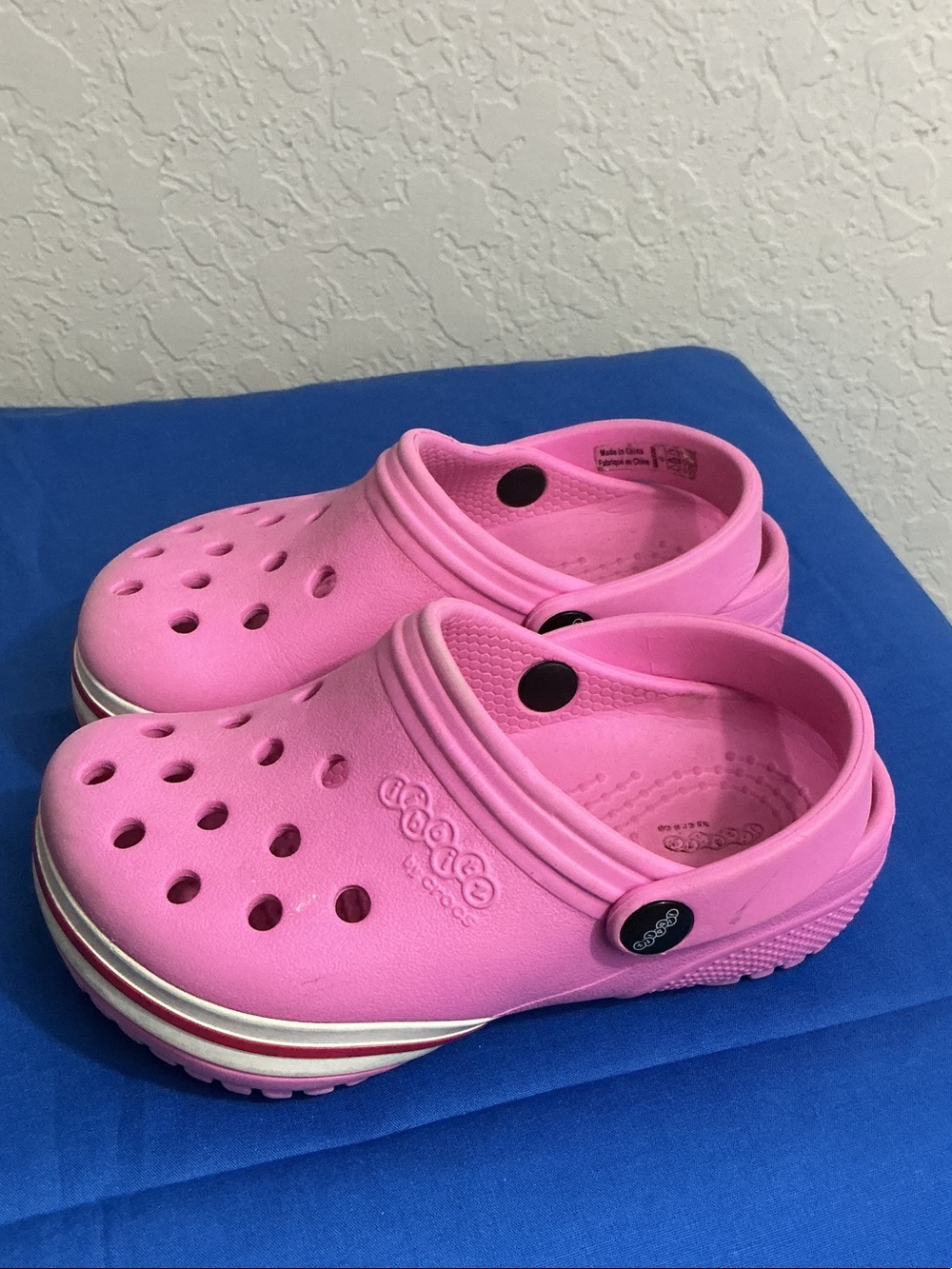 💖 Crocs Kids Crocband Pink White Red Stripe Clog Water Shoes Size C7 💖
